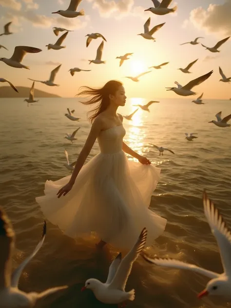 An 18-year-old Chinese girl flew out of the sea in a tulle dress as a flock of seagulls circled around her against the setting sun, gliding gently across the sky. The breeze blows her hair, the sun warms her face, the girl floats among the clouds and the s...