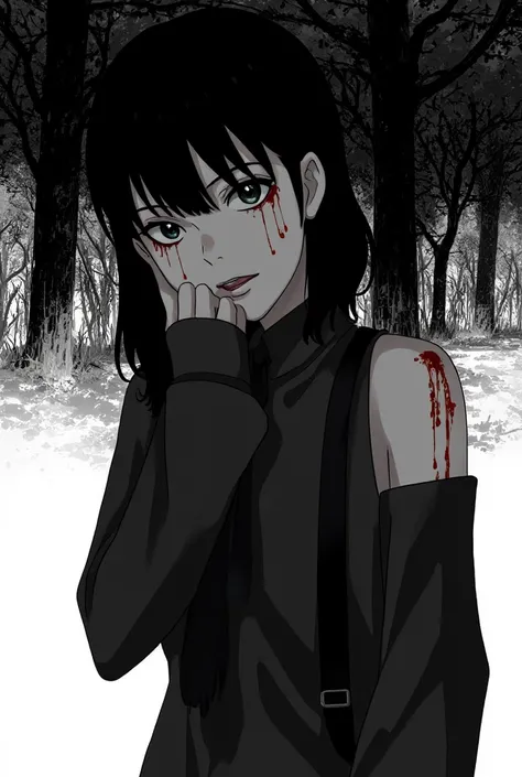 [pixel art .  anime girl, в horrorном стиле манги;  A state of anxious stillness ,  the mood of dark mystery and subcultural anxiety ], [pixel art, manga style , horror], [ Pixel Art Revolution 128x128 ,  style with vivid white ; Dark forest background or ...