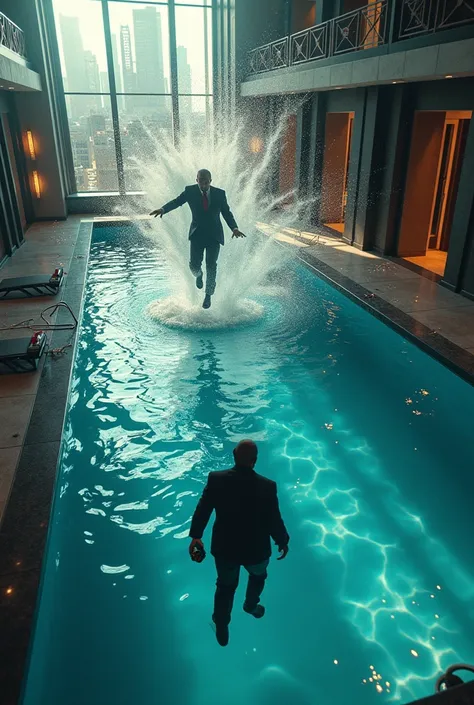 Background: A luxurious swimming pool inside a modern, high-rise building, with shattered glass and water exploding outward due to the blast.
Foreground:
A shadowy figure (John) underwater, barely visible, holding a small detonator or device.
The rich man ...