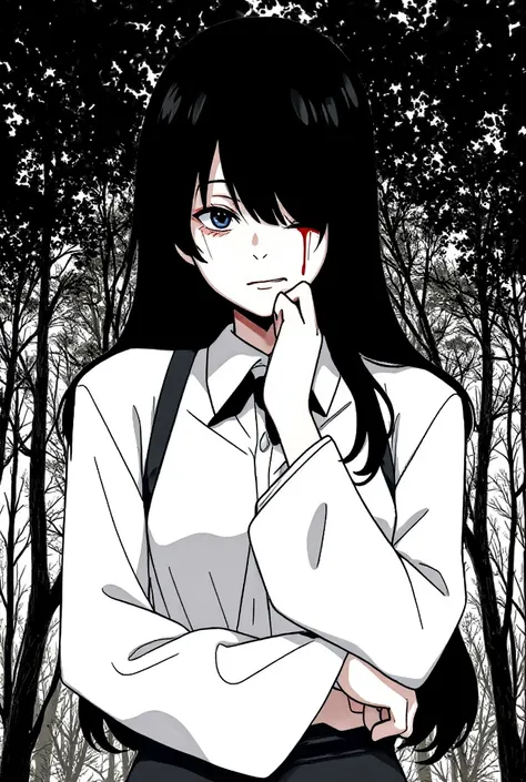 [pixel art .  anime girl, в horrorном стиле манги;  A state of anxious stillness ,  the mood of dark mystery and subcultural anxiety ], [pixel art, manga style , horror], [ Pixel Art Revolution 128x128 ,  style with vivid white ; Dark forest background or ...