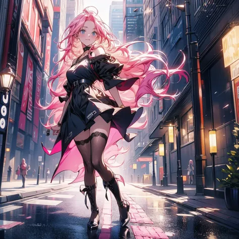 masterpiece, Best Quality , high resolution ,Perfect light and shadow,8k wallpaper,illustration, ray tracing, A Beautiful Lady , pink hair ,Long hair, blue eyes,Sexy,Very windy,City,street,Full body photo, gorgeous one-piece dress,Over the knee socks, show...