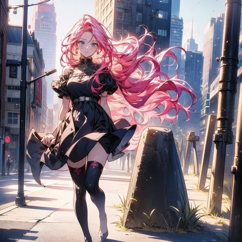 masterpiece, Best Quality , high resolution ,Perfect light and shadow,8k wallpaper,illustration, ray tracing, A Beautiful Lady , pink hair ,Long hair, blue eyes,Sexy,Very windy,City,street,Full body photo, gorgeous one-piece dress,Over the knee socks, show...