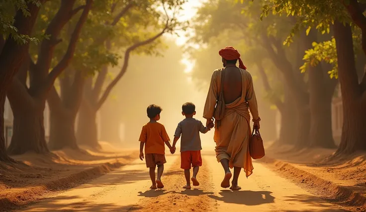 "A high-quality, ultra HD 4k image of the families meeting a traveler on a dusty Indian road under the scorching sun. The traveler is a local villager dressed traditionally, guiding them toward the path to Kannauj. Background shows ancient Indian roads lin...