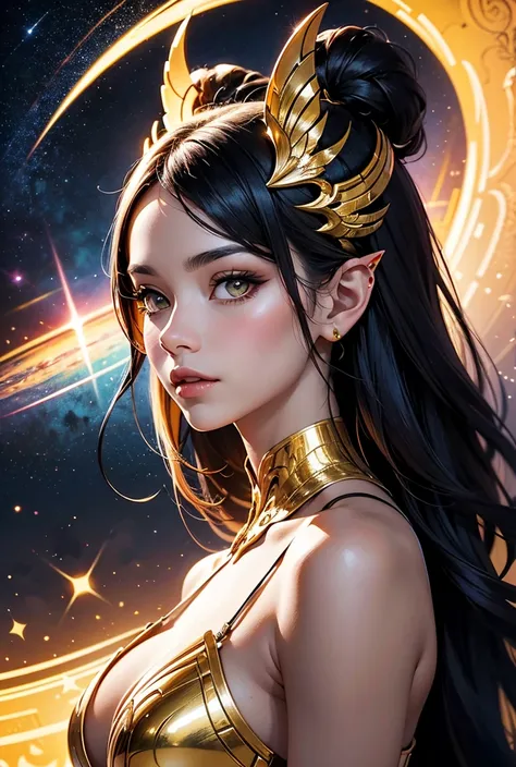 Please generate an illustration of a beautiful alien woman who seems to exist in the Pleiades star cluster in New Age thought and spiritual genres. The image colors are yellow, white, and gold. Her hair is long and black. her ears are pointed, giving her a...