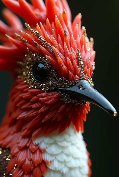 Realistic Anthropomorphic Red white and black hummingbird face frontal made of Red Coral, Mahogany, Black Obsidian, Bloodstone, Tourmaline and gold, elegant, diamonds, gold, elegant, masterpiece, concept art, tectonic, gold shiny background, Nikon photogra...