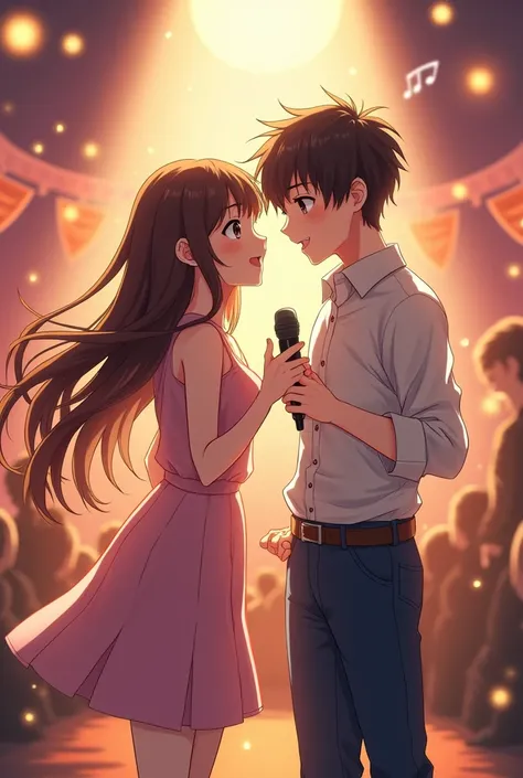 A anime cute couple singing 