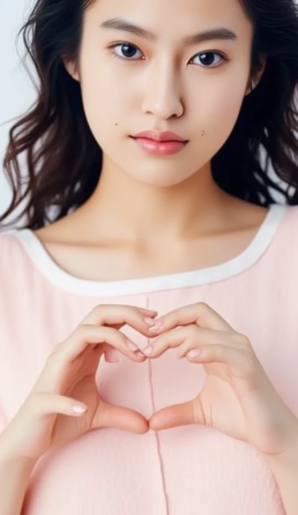 Only one woman with a cute smile wears cute, fluffy off-shoulder pajamas, makes a big heart shape with both hands, and poses them in front of her chest, View above collarbone、The background is a monotone 

