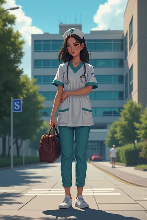 A young nurse, Lily, standing outside the hospital, taking a deep breath. She looks nervous and is clutching her bag tightly."