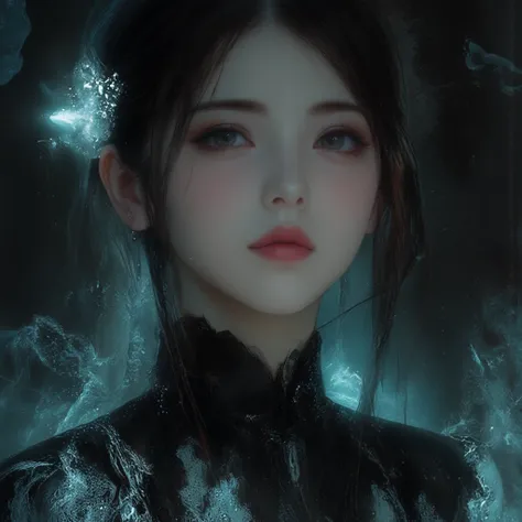 Hyper-detailed digital painting featuring an East-Asian woman in a black, witch-like complex decorated robe, giving her an ethereal and mysterious presence. She appears as an incorporeal ghost, surrounded by glowing fog, set against a deep black backdrop. ...