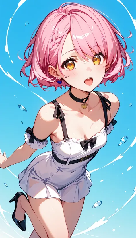  High image quality 、  High Quality 、   one girl  、  Pink Hair 、  short hair、   golden eyes 、  short stature 、 smaller breasts、Small breasts、 cleavage、fisheye photography 、 taken from above、   girl looking at the camera   、  raise your face 、 look up 、 hig...