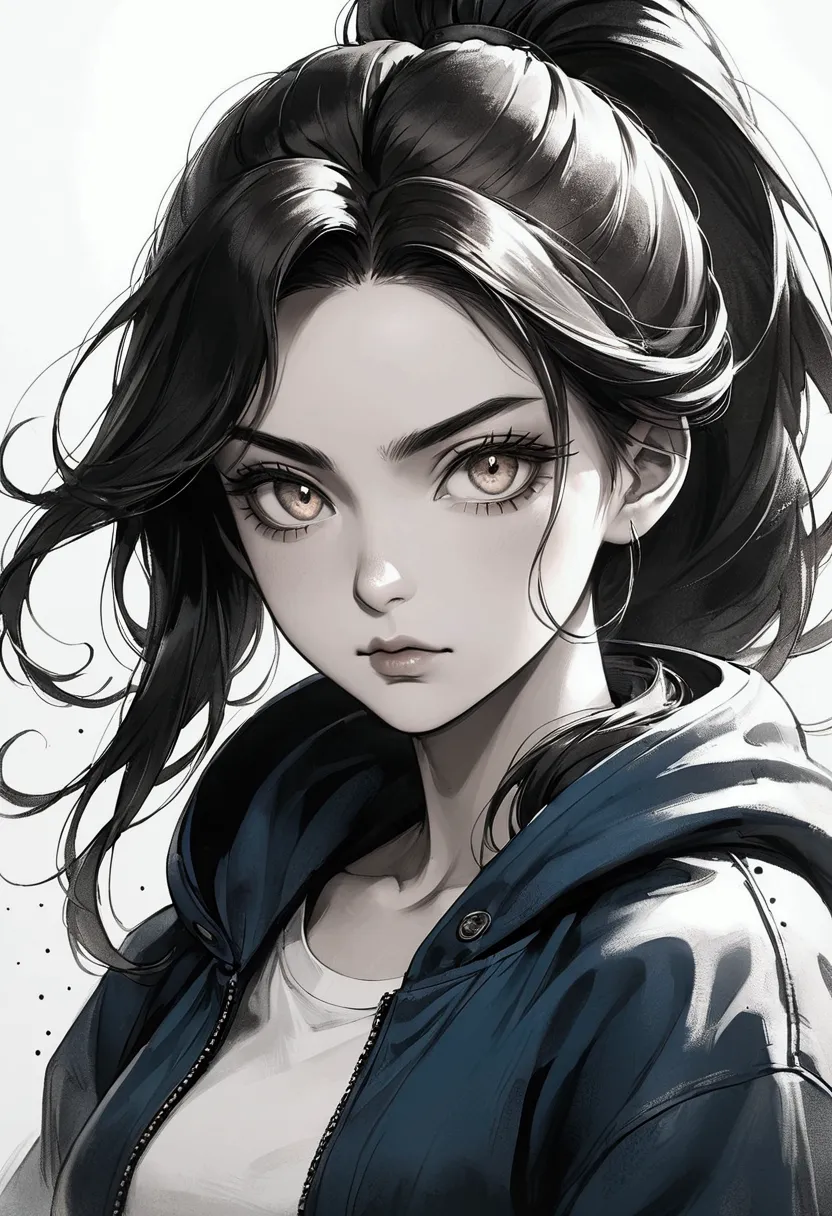 a semi-realistic anime-style woman with long, sleek black hair styled in a high ponytail and a headband pushing her hair back fr...