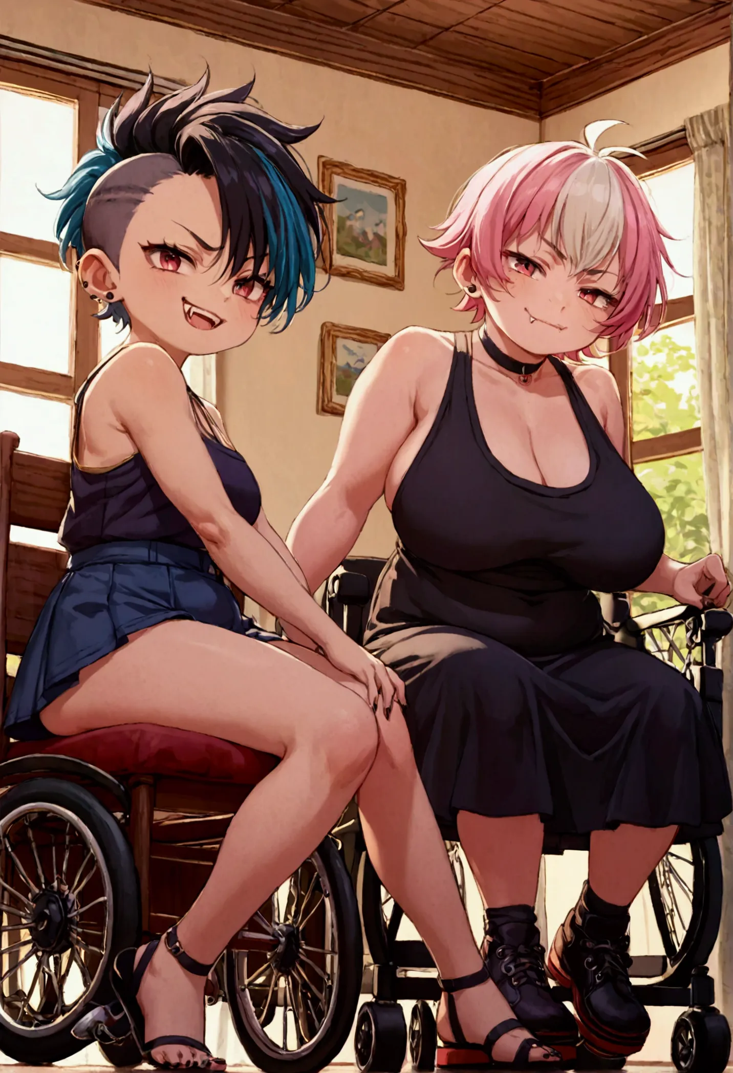 score_9, score_8_up, score_7_up, score_6_up, score_5_up, score_4_up, anime, ((2girls)), ((sitting on wheelchair)), ((paraplegic)...