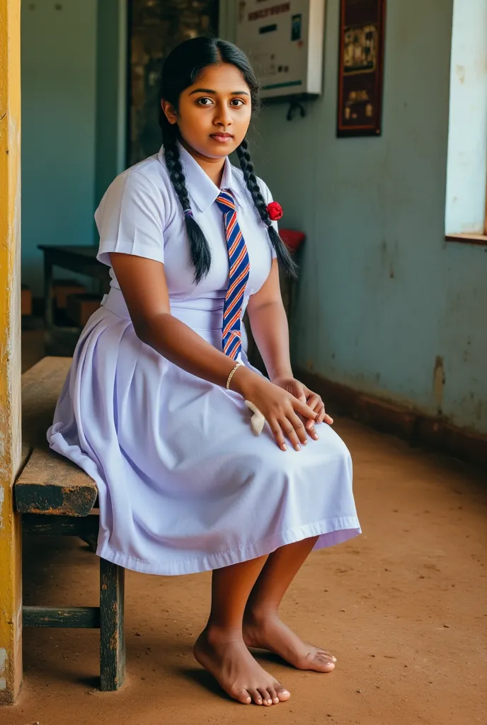 beautiful cute sri lankan school girl, in barefoot, large breast size , medium size body, , wearing a white frock and a colored ...