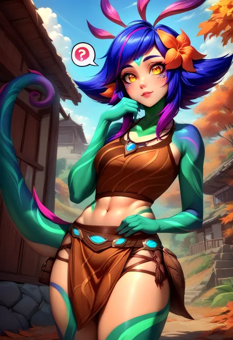 masterpiece, best quality, 1girl neeko, colored skin, multicolored hair, hair ornament, hair flower, necklace, brown crop top, midriff, brown shorts, loincloth, lizard tail, facial mark, forehead mark, cowboy shot, sky, clouds, village, autumn, head tilt, thinking, hand on own chin, spoken question mark