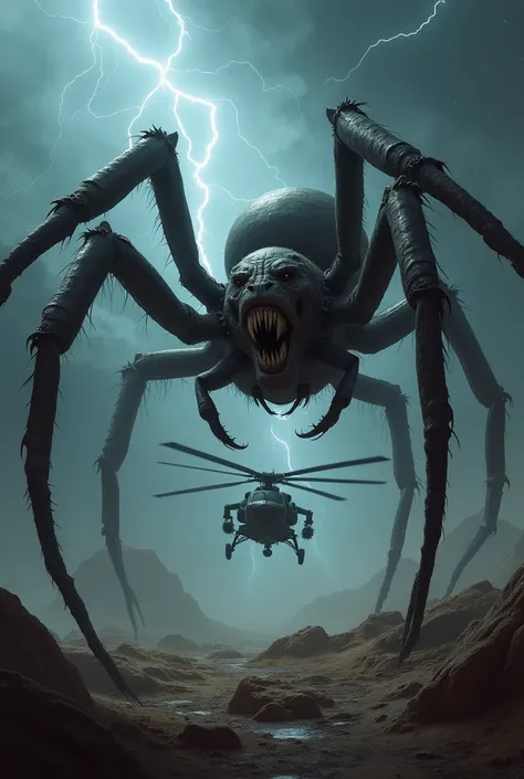 Create an intense scene where a large spider and a helicopter are facing each other in an angry standoff. The spider is baring its fangs, its legs raised aggressively, while the helicopter hovers low with its blades spinning rapidly, tilted slightly as if ...