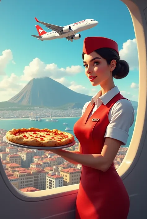 Please create a picture where there will be flight attendant with pizza in front of a Napoli panorama and airplane flying in the background