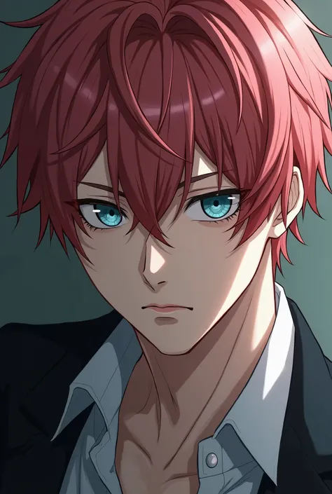 Handsome anime man with reddish pink hair, ash powder blue eyes, a beauty mark under his left eye, emotionless face. 