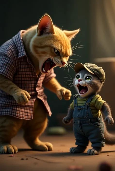 This image depicts a dramatic moment between two anthropomorphic cats. The larger cat, dressed in a plaid shirt, is expressing anger or frustration, with a fierce look and mouth open, possibly yelling. The smaller cat, wearing overalls and a cap, appears d...