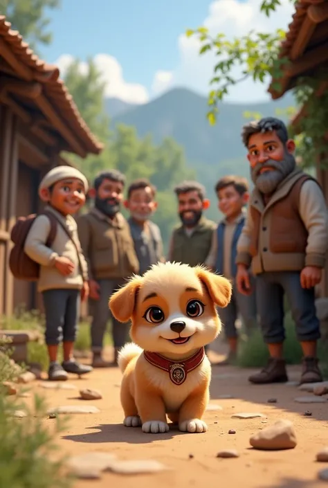 (photorealism:1.2), a little dog with men in village 