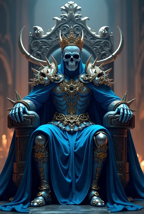 Blue skull king wearing gold crown on throne realistic wearing spiked armour highly detailed