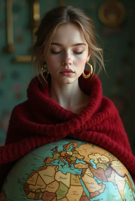  Russian-looking girl on the globe red Russian shawl ,  on Selgas ears in the form of a ring ,  eyes closed before her eyes Light makeup and a black highlighted arrow . Kruglalitsach girl white face light smile 