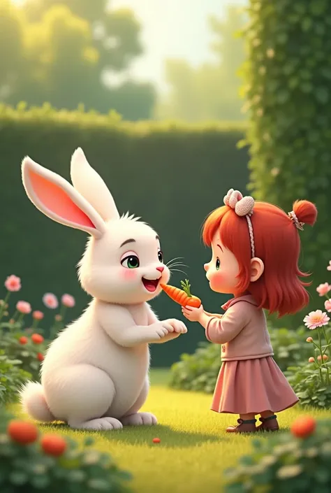 A stocky, muscular white-coloured rabbit is being fed carrots by a red-haired girl in the back garden of her home