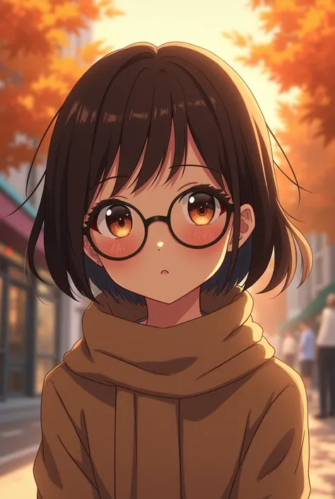 short brown haired anime girl with glasses and autumn clothes, warm city background, headshot, anime style, golden brown eyes