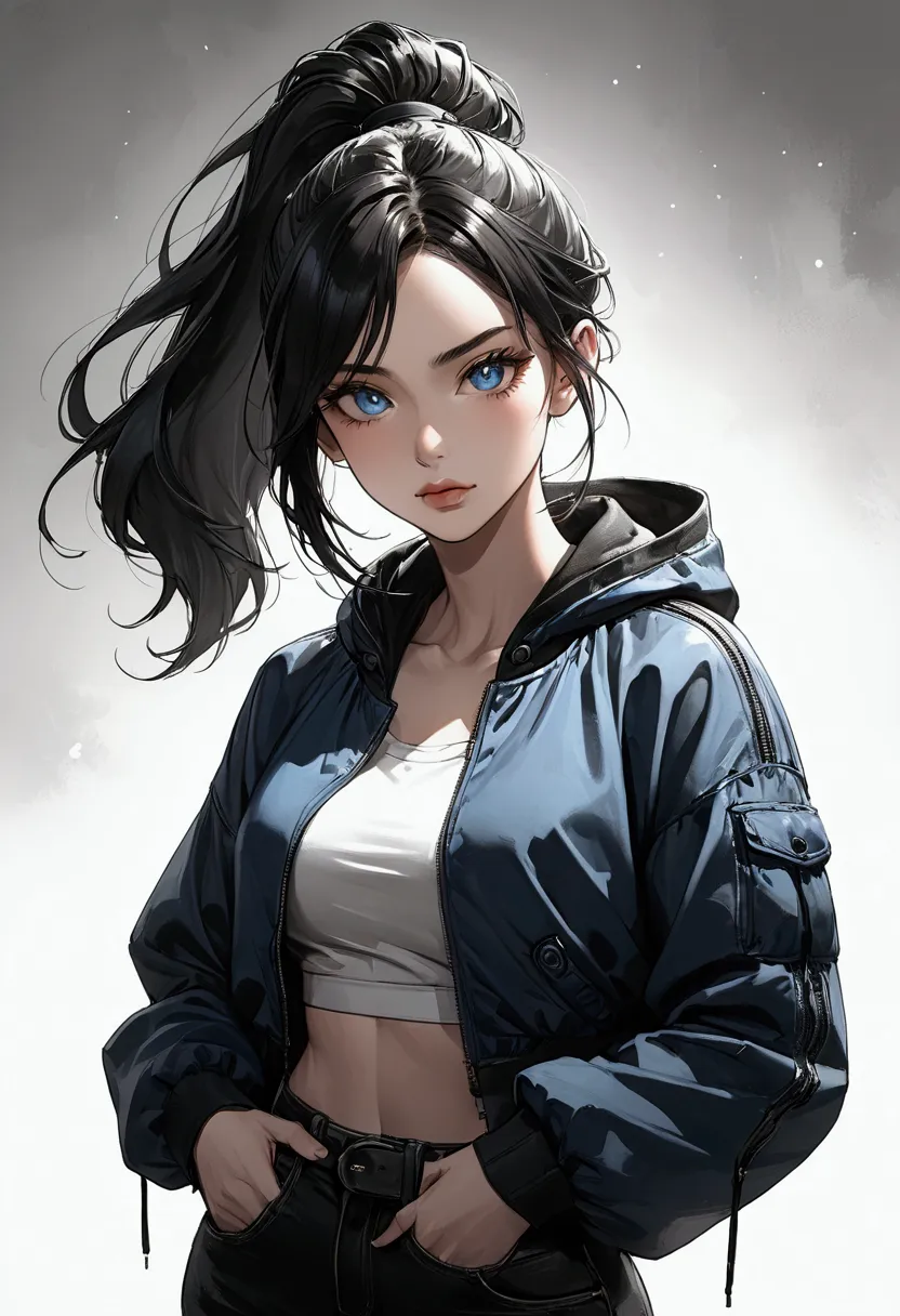 a semi-realistic anime-style woman with long, sleek black hair styled in a high ponytail. aged 21. she has a sharp, warm tan, sy...