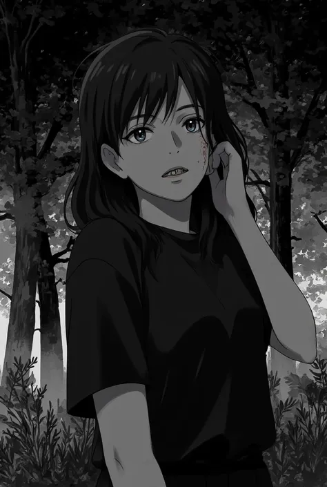 [pixel art .  anime girl, в horrorном стиле манги;  A state of anxious stillness ,  the mood of dark mystery and subcultural anxiety ], [pixel art, manga style , horror], [ Pixel Art Revolution 128x128 ,  style with vivid white ; Dark forest background or ...