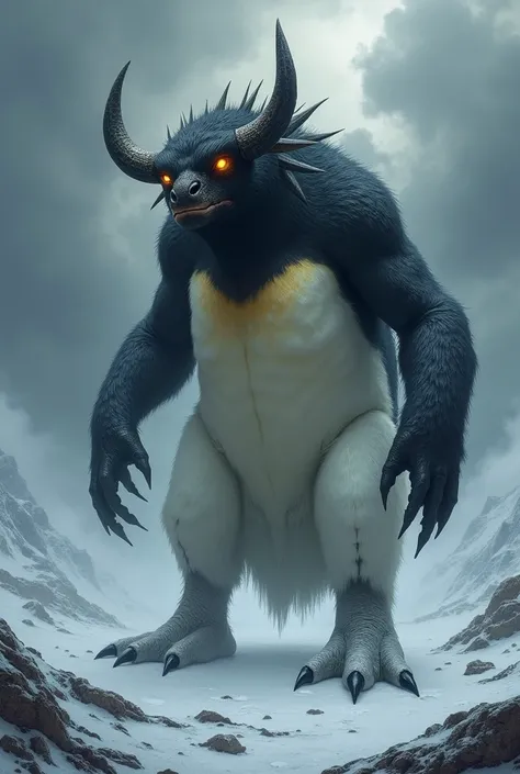 A monstrous hybrid creature with the body of a cattle, but covered in the sleek black and white feathers of a penguin, combined with sharp, muscular legs, glowing eyes, and a towering, intimidating horned head, set against a bleak, frozen wasteland with sw...