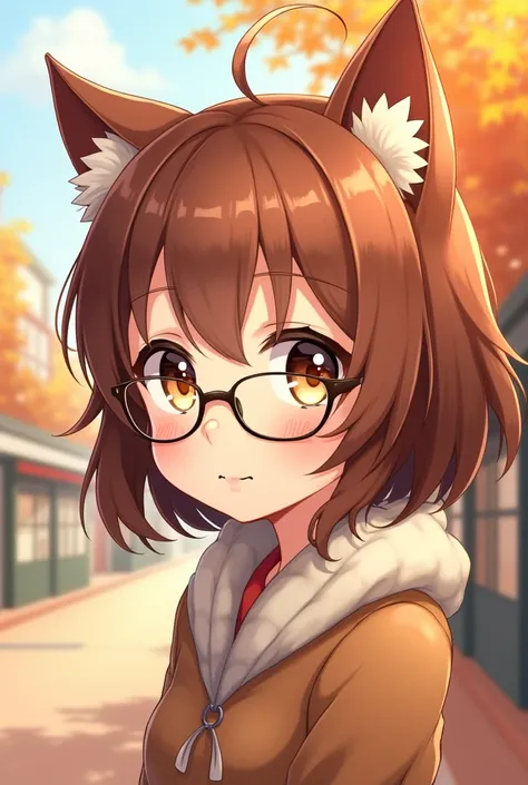 short brown haired anime girl with glasses and autumn clothes, warm city background, headshot, anime style, golden brown eyes, cat ears