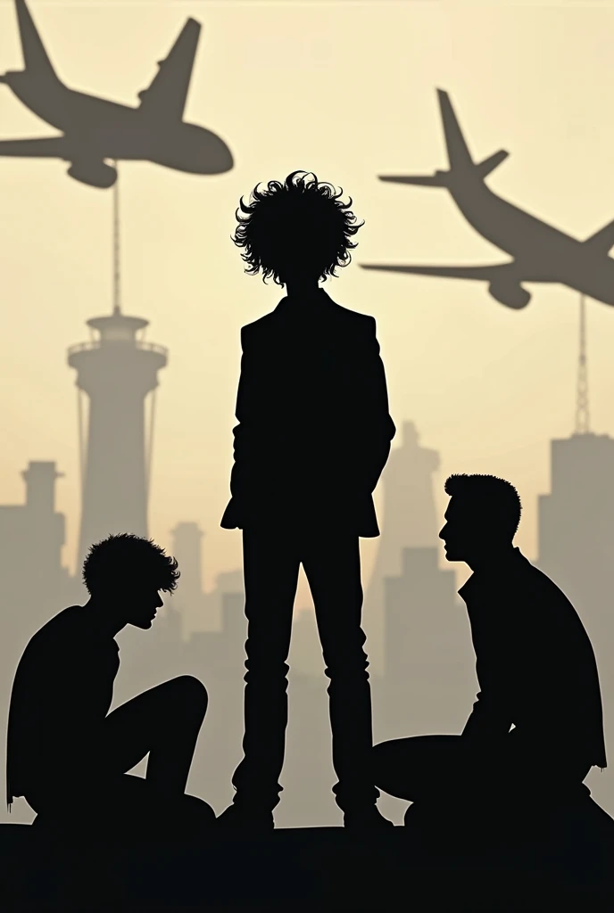 Silhouette young perverse boss short curly hair ,  background commercial airplanes silhouettes people kneeling perverse joy 