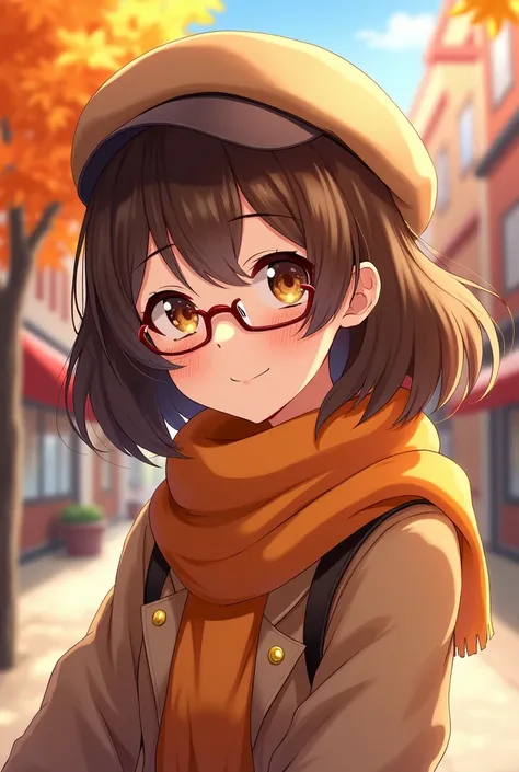 Medium brown haired anime girl with glasses and autumn clothes, warm city background, headshot, anime style, golden brown eyes