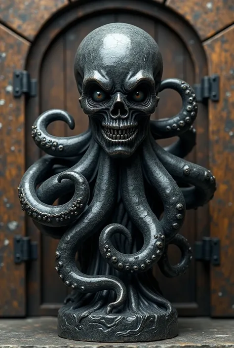 a close up of a sculpture of an octopus, dark fantasy ink painting, iron door texture, amazing painting, sculpture, horrifying yet beautiful ambiance, with intricate and detailed symmetry, human/tank hybrid , wooden door, by Xul Solar, inspired by Mark Bro...