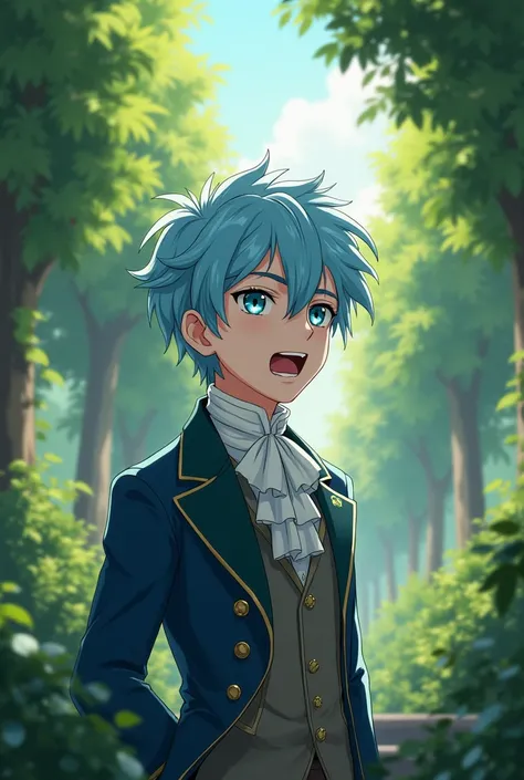 A sota boy cute with blue-white hair, eyes as sharp as an eagle, dressed in European aristocratic clothes, a disdainful look on his face, a loud cry, white, gentle skin, standing in a garden with many trees, sota anime , boy (( great work )) (( great work ...