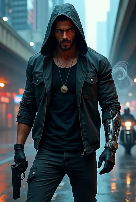 ((Hrithik Roshan)) solo, gloves, standing, jacket, brown hair, hoodie, outdoors, open clothes, belt, pants, open jacket, gun, black shirt, black pants, holding gun, handgun, smoke, science fiction, cigarette, city, realistic, smoking, road, mechanical arms...