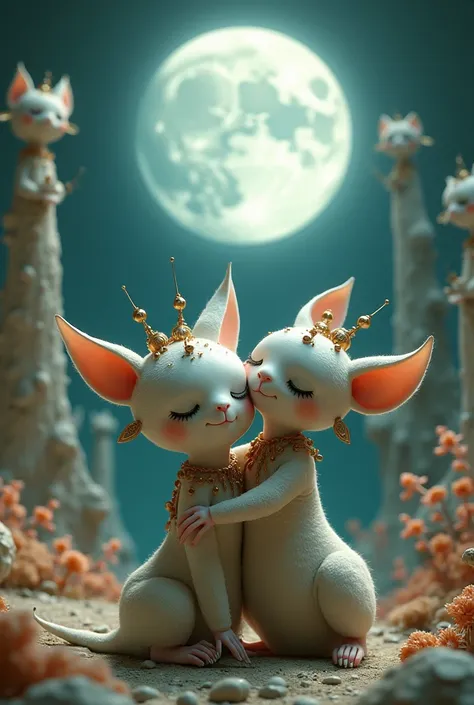 Cute and Unique Characters in a Surreal World by Nicoletta Ceccoli and Daniel Merriam WLOP, Embracing the Full Moon, 8mm, Sharp Focus, Octane Render, Masterpiece, Perspective