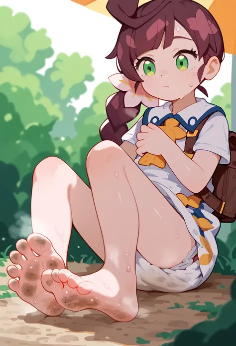 masterpiece, best quality, highres, Chloe as a toddler, girl sitting, wet diaper, very cute, adorable, curious, barefoot sole, foot focus, dirt, smelly, stinky, steamy, sweaty