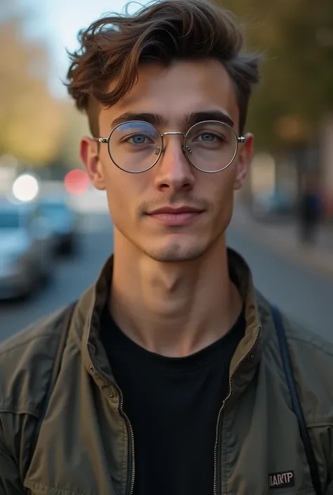 young man standing on  with round glasses