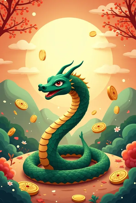 Image stage proposal chinese new year green snake in the middle with gold coins snake not too scary but not too cute and make sure to add aditional design make it landscape