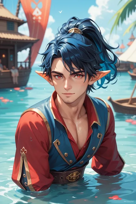 man,  looking at the viewer,  Black hair,  red eyes,  High resolution,  blue hair,  ponytail tube hair, Pointed ears,  happiness , The Flooded City, old clothingPartly under water, Pirate clothes ,