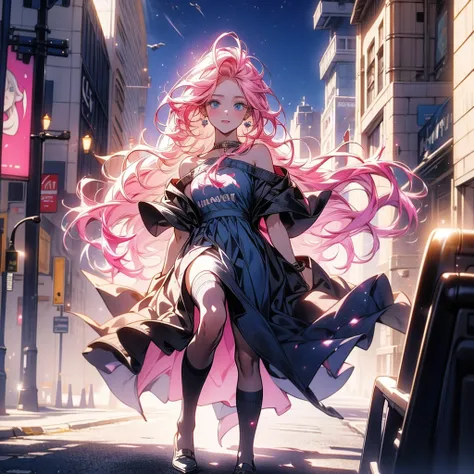 masterpiece, Best Quality , high resolution ,Perfect light and shadow,8k wallpaper,illustration, ray tracing, A Beautiful Lady , pink hair ,Long hair, blue eyes,Sexy,Very windy,City,street,Full body photo, gorgeous one-piece dress,Over the knee socks, show...