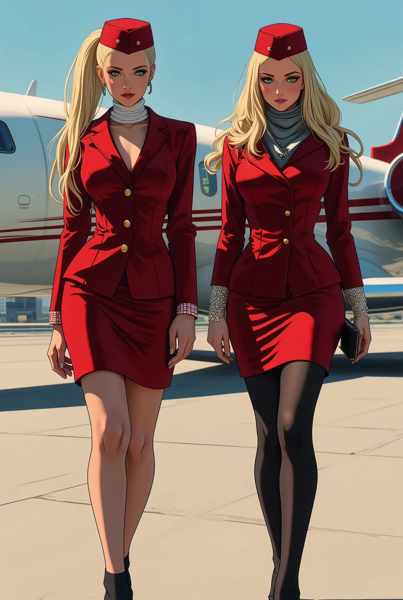 ne0nfant4sy, cowboy shot, masterpiece,  a painting of a stunningly beautiful woman,  two stunning flight attendants standing sid...