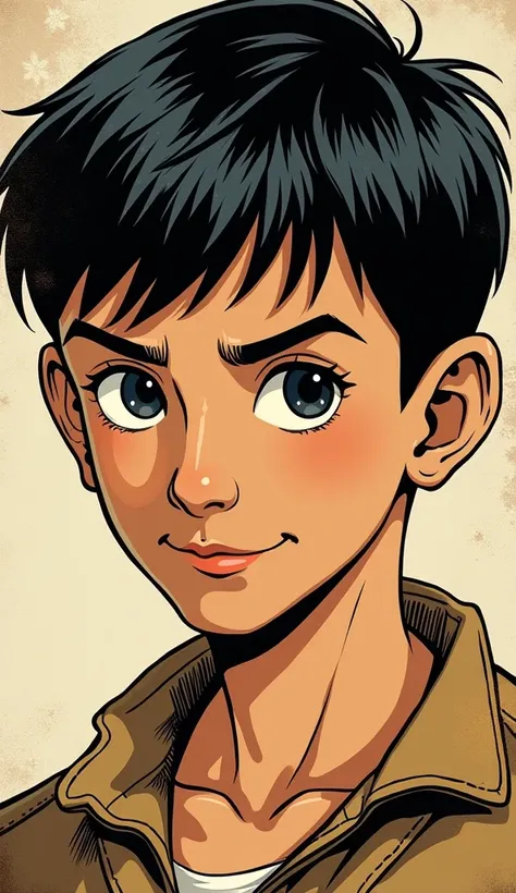 Old school comic a close up  picture of a  boy with black hair named Lucas 