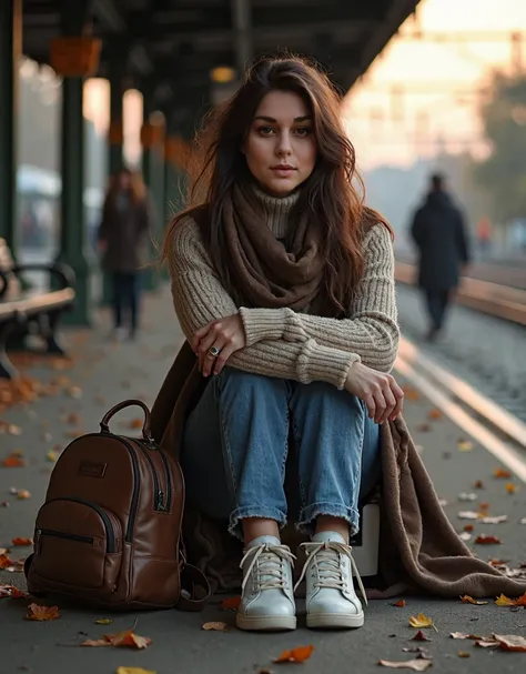 Super real photo, Long shot, woman (44 years old), (long hair the color of black coffee), (moderately curvy figure), (short stature), woman sitting on a bench on the railway platform, looking directly at the camera with a thoughtful and calm expression. Th...