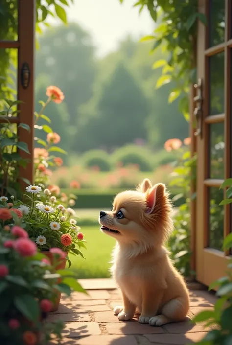 (photorealism:1.2), a little dog seeing gardan