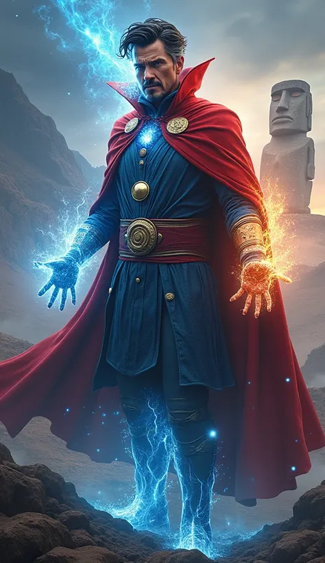 Prompt**: "Doctor Strange transformed into Chile, his body merging with the country’s diverse landscapes. His cloak is now an ethereal representation of the Andes mountains, glowing with shifting colors like volcanic lava and snow-capped peaks. His face is...