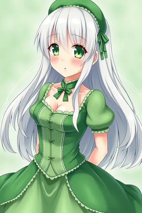 (anime)  A green-eyed girl with long white hair, smiles, and dressed in a gorgeous green dress  
