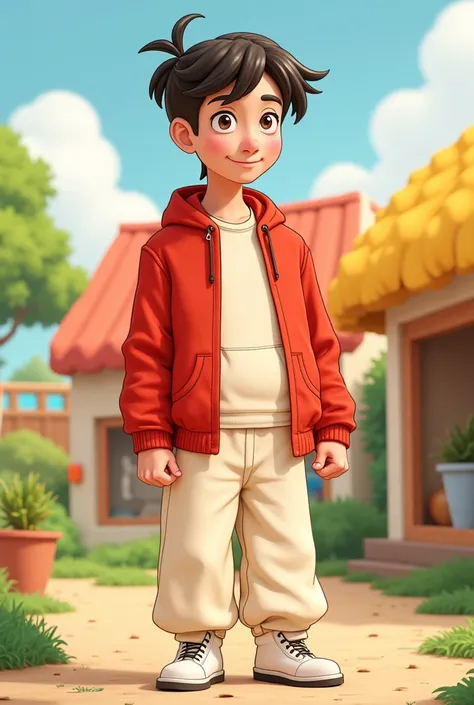 create a cartoon man named soni who has curtain haircut. wearing red jacket and long cream pants and white shoes