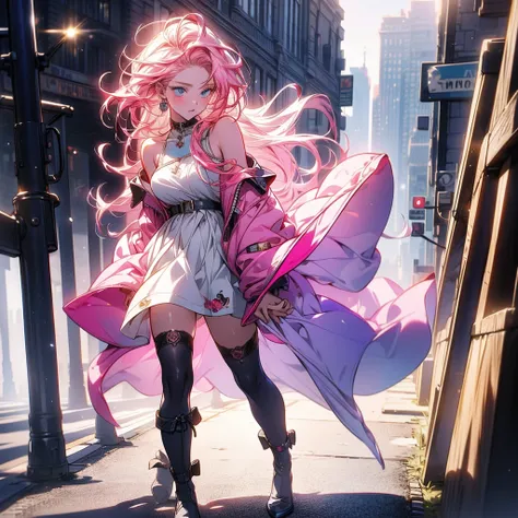 masterpiece, Best Quality , high resolution ,Perfect light and shadow,8k wallpaper,illustration, ray tracing, A Beautiful Lady , pink hair ,Long hair, blue eyes,Sexy,Very windy,City,street,Full body photo, gorgeous one-piece dress,Over the knee socks, show...